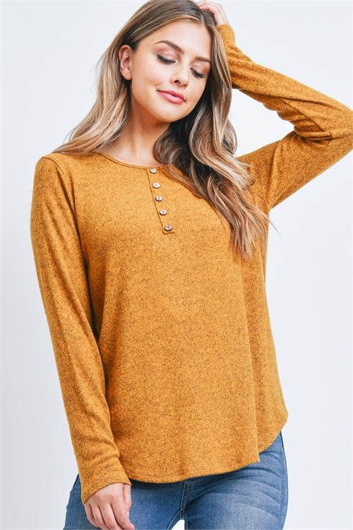 S10-7-3-PPT20719-MU - BUTTON DETAIL LONG SLEEVE ROUND HEM SOLID TOP- MUSTARD 1-2-2-2