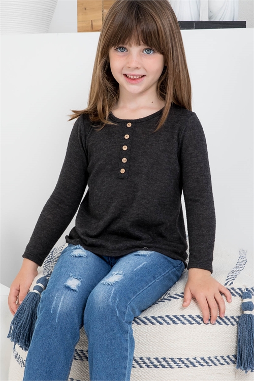 S14-9-2-PPT20719TK-2TCHL - KIDS BUTTON DETAIL LONG SLEEVE ROUND HEM SOLID TOP- 2TONE CHARCOAL 1-1-1-1-1-1-1-1