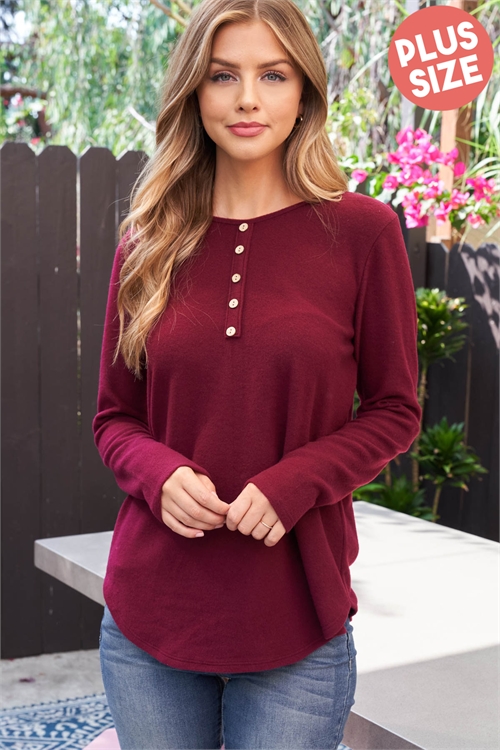 S10-12-2-PPT20719X-BU-1 - PLUS SIZE BUTTON DETAIL LONG SLEEVE ROUND HEM SOLID TOP- BURGUNDY 2-2-1