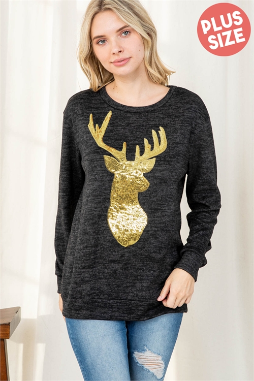 S15-1-4-PPT2071X-CHL-1 - PLUS SIZE BRUSHED HACCI SEQUINS REINDEER SHAPE TOP- CHARCOAL 2-2-1