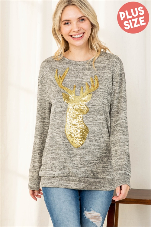 S15-1-4-PPT2071X-OTM-1 - PLUS SIZE BRUSHED HACCI SEQUINS REINDEER SHAPE TOP- OATMEAL 2-2-1