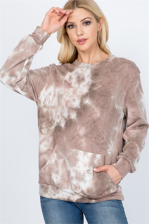 S11-5-3-PPT2072-MC - FRENCH TERRY BACK BRUSHED TIE DYE PULLOVER WITH KANGAROO POCKETS- MOCHA 1-2-2-2