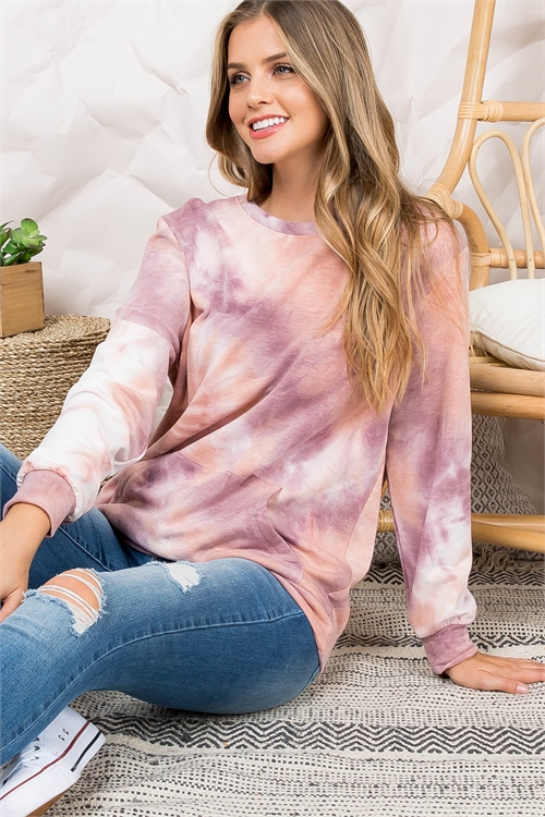 S10-19-2-PPT2072-MRSL-1 - FRENCH TERRY BACK BRUSHED TIE DYE PULLOVER WITH KANGAROO POCKETS- MARSALA 1-0-1-2