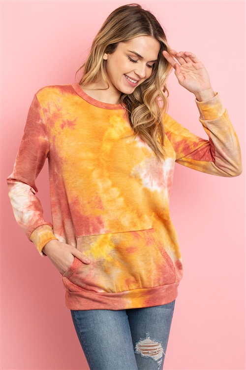 S11-18-4-PPT2073-RSTMV - FLEECED TIE DYE LONG SLEEVE ROUND NECK TOP- RUST MAUVE 1-2-2-2 (NOW $4.75 ONLY!)