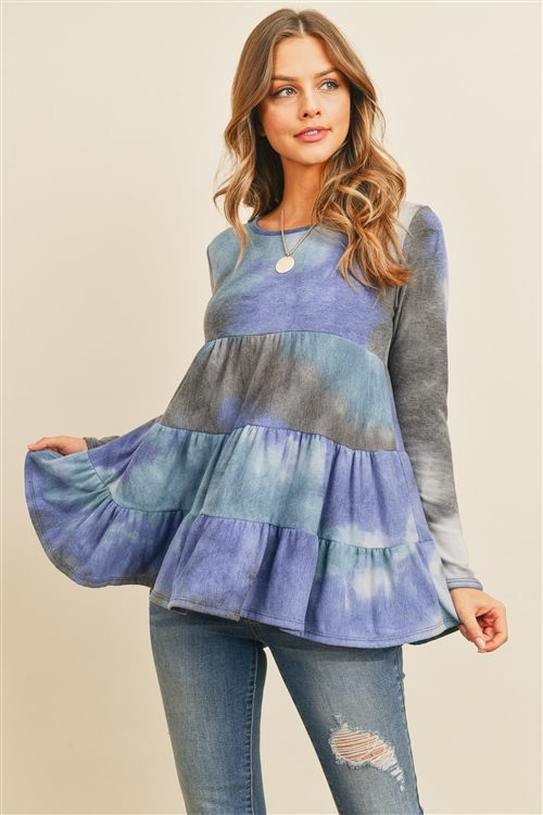 S11-19-4-PPT2074-BLTL - LAYERED RUFFLE TIE DYE LONG SLEEVE TOP- BLUE/TEAL 1-2-2-2