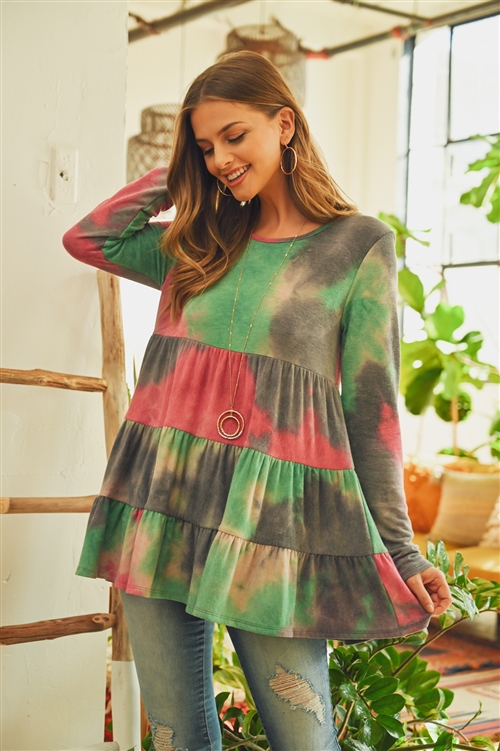 S11-19-4-PPT2074-GYFCH - LAYERED RUFFLE TIE DYE LONG SLEEVE TOP- GREY/FUCHSIA 1-2-2-2