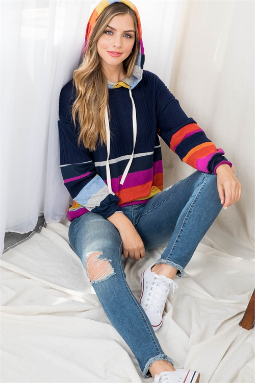 S15-5-1-PPT20749-PPLORGBL - MULTI-COLOR CONTRAST STRIPES KNIT SELF TIE HOODIE- PURPLE-ORANGE-BLUE/NAVY 1-2-2-2