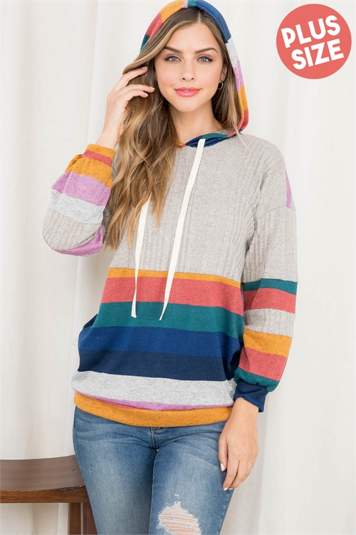 S14-6-1-PPT20749X-NVCRLMV - PLUS SIZE MULTI-COLOR CONTRAST STRIPES KNIT SELF TIE HOODIE- NAVY-CORAL-MAUVE/WHITE ANTIQUE 3-2-1