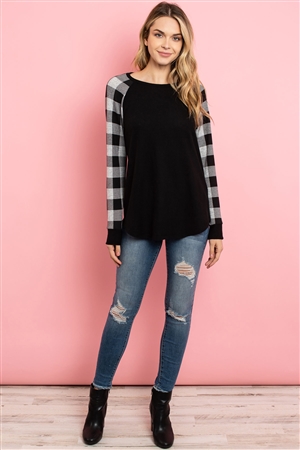 S4-8-1-PPT2079-BKWT - PLAID LONG SLEEVE SOLID BRUSHED HACCI TOP- BLACK/WHITE 1-2-2-2
