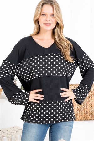 S9-12-4-PPT20793-BKBK - OVERLOCK STITCH POLKA DOT CONTRAST WAFFLE TOP- BLACK/BLACK 1-2-2-2