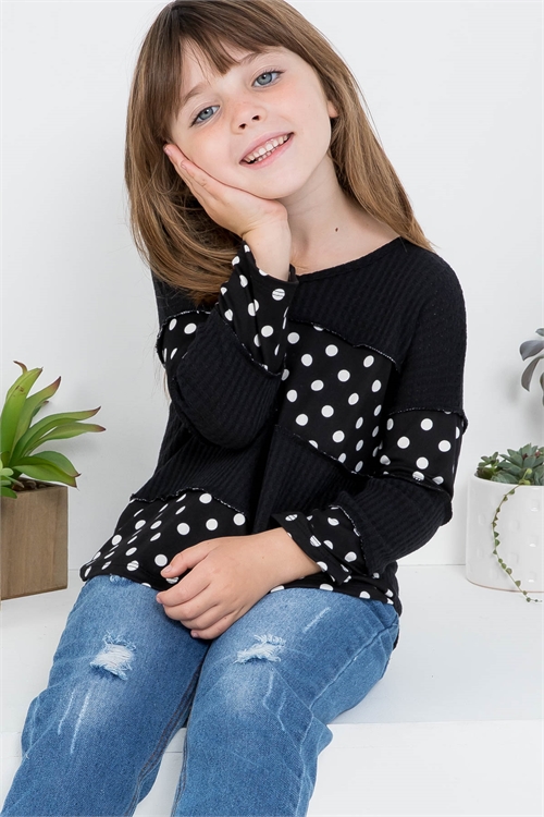 S5-3-4-PPT20793TK-BKBK - KIDS WAFFLE POLKA DOT CONTRAST OVERLOCK STITCH TOP- BLACK/BLACK 1-1-1-1-1-1-1-1(NOW $4.75 ONLY!)