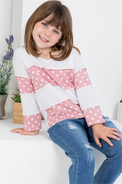 S12-6-3-PPT20793TK-IVLTMV-1 - KIDS WAFFLE POLKA DOT CONTRAST OVERLOCK STITCH TOP- IVORY/LIGHT MAUVE 0-0-0-1-1-0-1-1