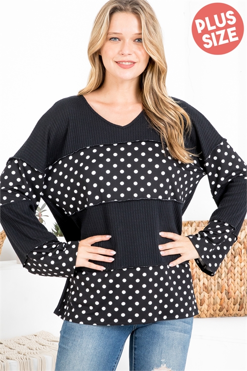 C62-B-PPT20793X-BKBK-A - PLUS SIZE OVERLOCK STITCH POLKA DOT CONTRAST WAFFLE TOP- BLACK/BLACK 0-1-0