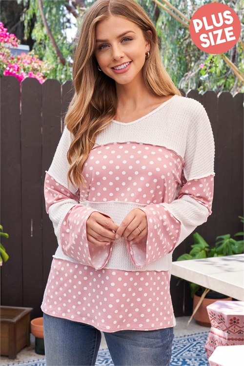 C62-B-PPT20793X-IVLTMV-A - PLUS SIZE OVERLOCK STITCH POLKA DOT CONTRAST WAFFLE TOP- IVORY-LIGHT MAUVE 4-3-0