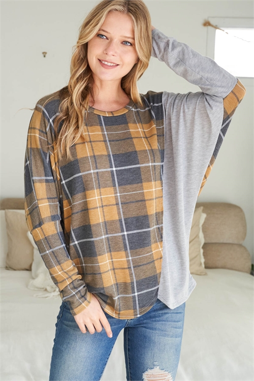 S10-13-3-PPT20794-CMLBKHG-1 - DOLMAN SLEEVE VERTICAL DETAIL PLAID TOP- CAMEL-BLACK/HEATHER GREY 0-0-2-2