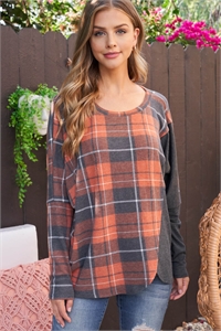 S11-6-3-PPT20794-RUBKCHL - DOLMAN SLEEVE VERTICAL DETAIL PLAID TOP- RUST-BLACK/CHARCOAL 1-2-2-2