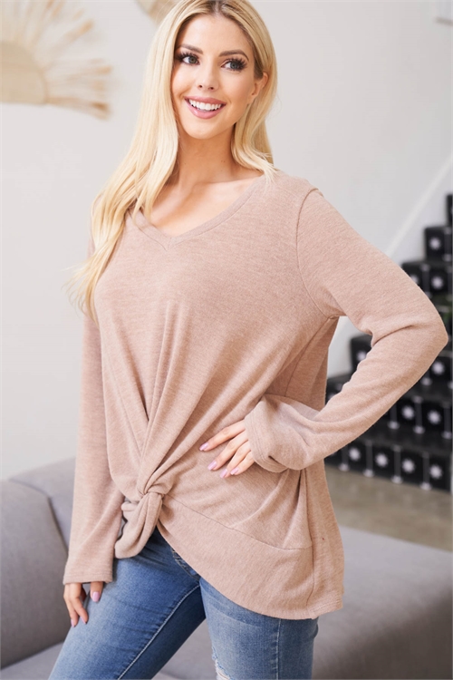 S9-10-3-PPT20795-LTT-1 - V-NECK TWIST FRONT ANGORA TOP- LATTE 1-0-2-2