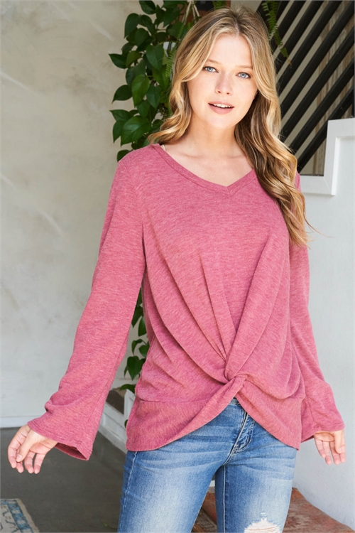 S9-10-3-PPT20795-RB-1 - V-NECK TWIST FRONT ANGORA TOP- RUBY 0-0-2-3