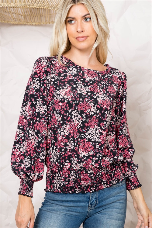 S5-7-2-PPT20798-BKCRL - SMOCKED HEM LONG SLEEVE FLORAL PRINT TOP- BLACK-CORAL 1-2-2-2