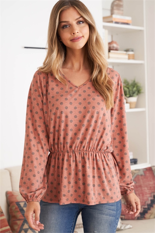 S6-9-2-PPT20799-RU - LONG SLEEVE ELASTIC WAIST POLKA DOT TOP- RUST 1-2-2-2