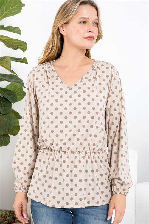 S6-9-3-PPT20799-TP - LONG SLEEVE ELASTIC WAIST POLKA DOT TOP- TAUPE 1-2-2-2 (NOW $8.75 ONLY!)