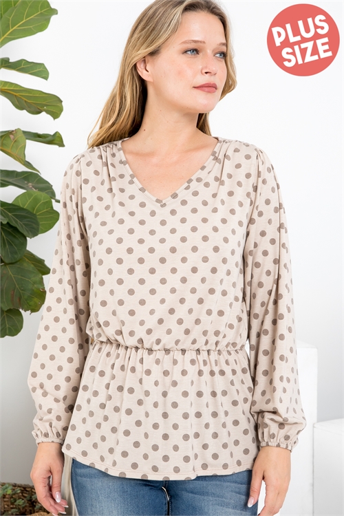 S6-8-3-PPT20799X-TP - PLUS SIZE LONG SLEEVE ELASTIC WAIST POLKA DOT TOP- TAUPE 3-2-1 (NOW $9.75 ONLY!)