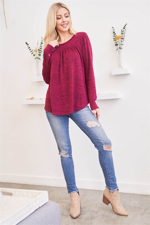 S10-11-2-PPT20801-DKBU-1 - TWO TONED FRONT SHIRRING DETAIL TOP- DARK BURGUNDY 0-0-2-4