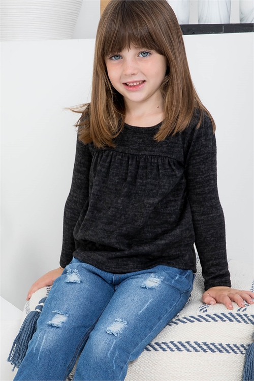 S16-12-4-PPT20801TK-CHL - KIDS TWO TONED FRONT SHIRRING DETAIL TOP- CHARCOAL 1-1-1-1-1-1-1-1