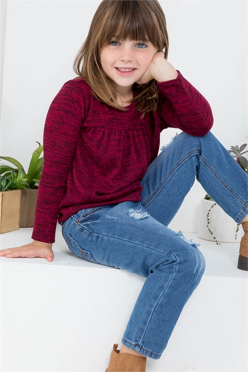 S16-12-4-PPT20801TK-DKBU - KIDS TWO TONED FRONT SHIRRING DETAIL TOP- DARK BURGUNDY 1-1-1-1-1-1-1-1