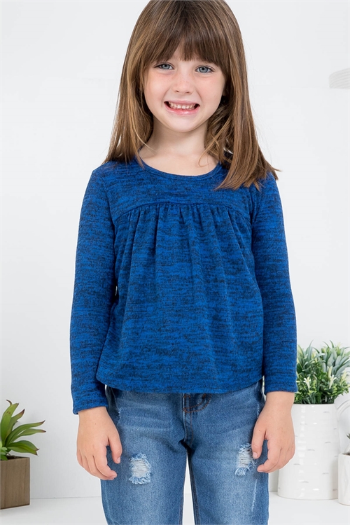 S16-12-4-PPT20801TK-DPBL - KIDS GIRLS TWO TONED FRONT SHIRRING DETAIL TOP- DEEP BLUE 1-1-1-1-1-1-1-1