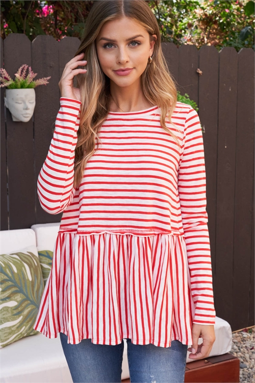 S13-6-2-PPT20806-RD - STRIPES REVERSE COVER STITCHED SHIRRING HEM TOP- RED 1-2-2-2