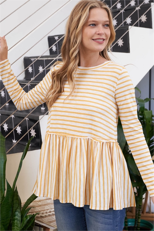 S9-7-2-PPT20806-YLW - STRIPES REVERSE COVER STITCHED SHIRRING HEM TOP- YELLOW 1-2-2-2