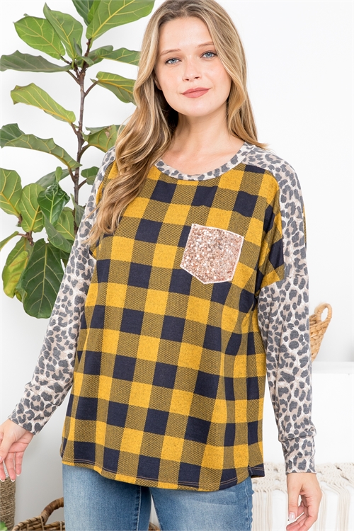 SA4-7-3-PPT20809-NVMUMCCB-1 - LEOPARD LONG SLEEVE PLAID TOP WITH SEQUIN POCKET- NAVY-MUSTARD/MOCHA COMBO 1-2-0-0