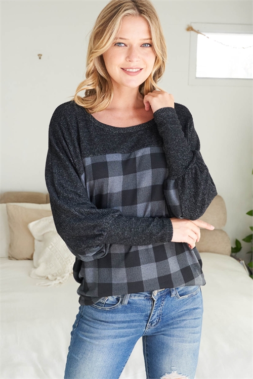 S9-14-4-PPT20810-BKCHLBK2T - DOLMAN BRUSHED RIB CONTRAST PLAID TOP- BLACK-CHARCOAL/BLACK 2TONE 1-2-2-2