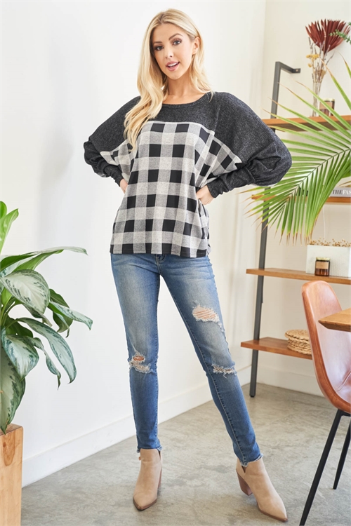 S9-13-4-PPT20810-BKWTBK2T - DOLMAN BRUSHED RIB CONTRAST PLAID TOP- BLACK-WHITE/BLACK 2TONE 1-2-2-2