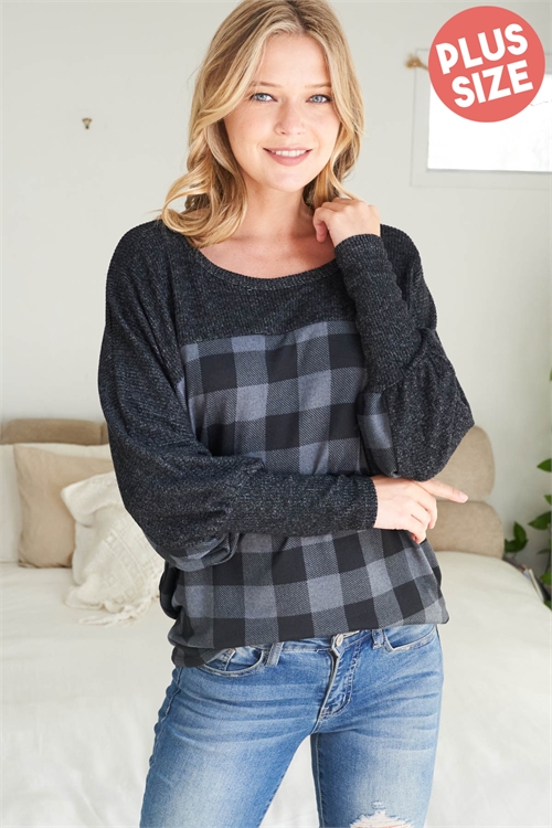 S12-8-3-PPT20810X-BKCHLBK2T - PLUS SIZE DOLMAN BRUSHED RIB CONTRAST PLAID TOP- BLACK-CHARCOAL/BLACK 2TONE 3-2-1