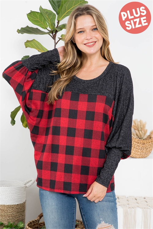 S11-13-2-PPT20810X-BKRDBK2T - PLUS SIZE DOLMAN BRUSHED RIB CONTRAST PLAID TOP- BLACK-RED/BLACK 2TONE 3-2-1