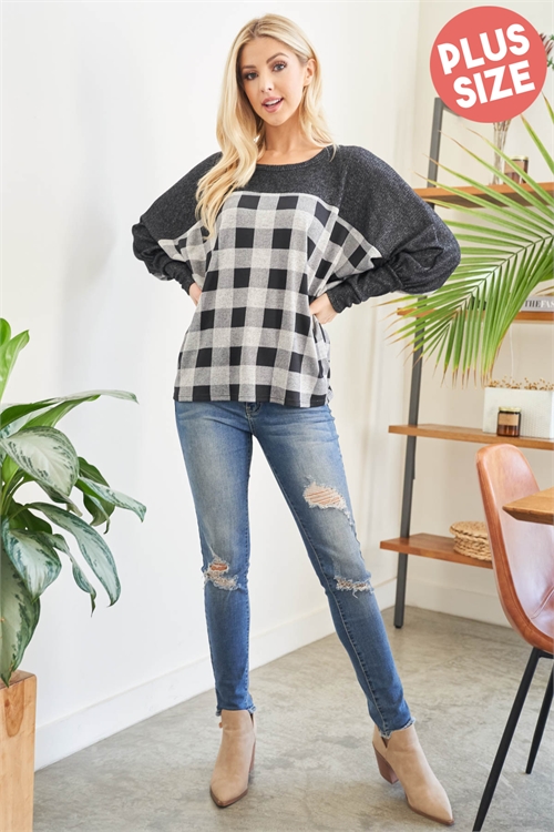 S11-12-2-PPT20810X-BKWTBK2T - PLUS SIZE DOLMAN BRUSHED RIB CONTRAST PLAID TOP- BLACK-WHITE/BLACK 2TONE 3-2-1