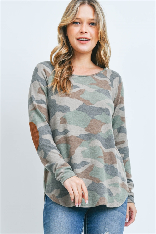 S9-19-3-PPT20815-AGBWN-1 - SUEDE ELBOW PATCH LONG SLEEVE CAMO TOP- ARMY GREEN-BROWN 1-1-2-1