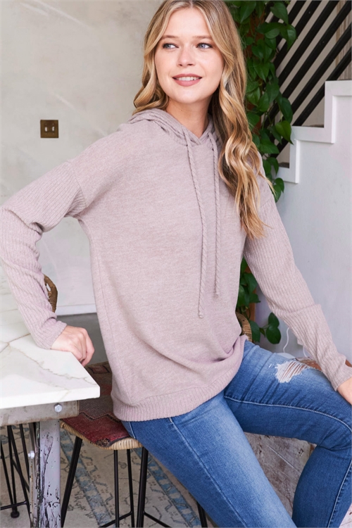 S10-3-4-PPT20816-TPTP-1 - RIB BRUSHED LONG SLEEVE SPAGHETTI SELF TIE HOODIE- TAUPE/TAUPE 0-2-2-2