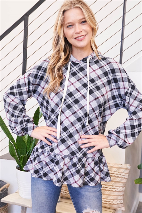 S10-1-2-PPT20818-CHL - PLAID PUFF SLEEVE RUFFLE HEM SELF TIE HOODIE- CHARCOAL 1-2-2-2