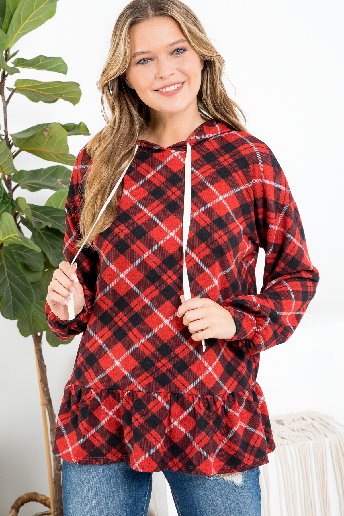 S10-2-4-PPT20818-RD - PLAID PUFF SLEEVE RUFFLE HEM SELF TIE HOODIE- RED 1-2-2-2