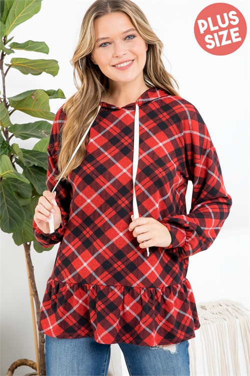 S8-5-1-PPT20818X-RD - PLUS SIZE PLAID PUFF SLEEVE RUFFLE HEM SELF TIE HOODIE- RED 3-2-1