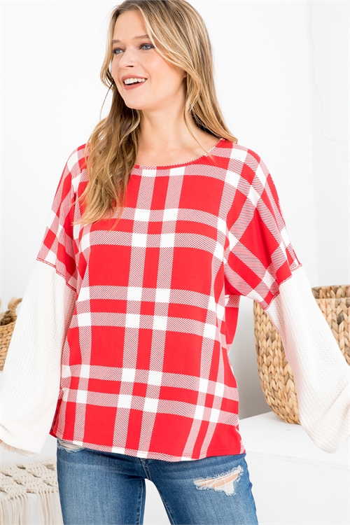 C54-B-PPT20822-RDOFWCRM-A -KNIT ELASTIC BAND LONG SLEEVE PLAID TOP-RED-OFF-WHITE/CREAM 3-2-1-2