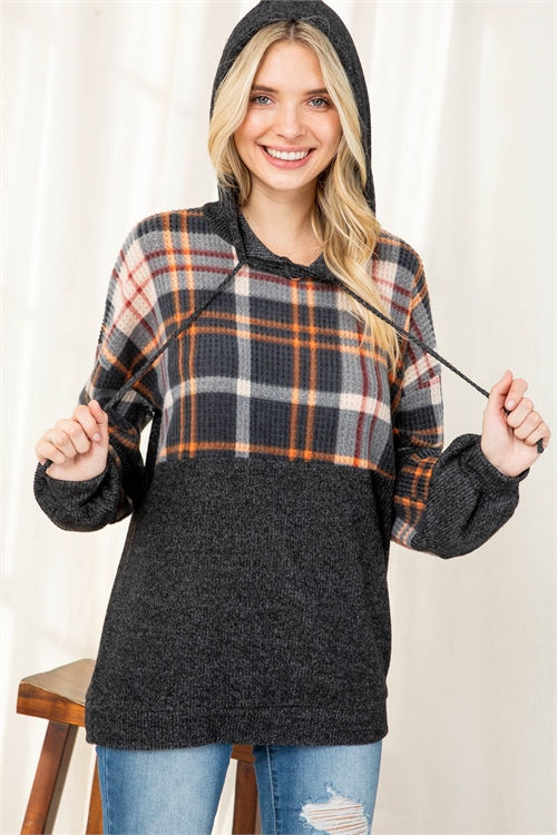 S9-5-2-PPT20854-BK2TBKWN - WAFFLE PLAID CONTRAST HOODIE WITH SELF TIE- BLACK 2TONE/BLACK-WINE 1-2-2-2 (NOW $11.50 ONLY!)