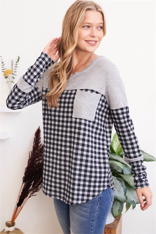 C54-B-PPT20860-GYCBHG-A -THERMO FABRIC CONTRAST PLAID TOP-GREY COMBO/HEATHER GREY 3-5-1-2