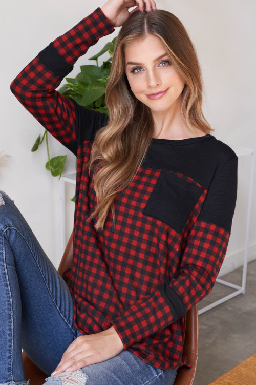 S9-19-3-PPT20860-RDCBBK - THERMO FABRIC CONTRAST PLAID TOP- RED COMBO/BLACK 1-2-2-2 (NOW $5.75 ONLY!)