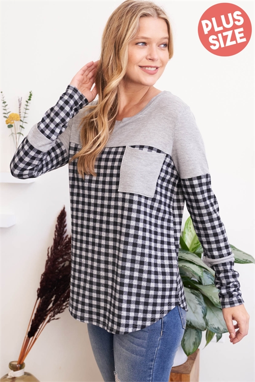 S11-17-2-PPT20860X-GYCBHG - PLUS SIZE THERMO FABRIC CONTRAST PLAID TOP- GREY COMBO/HEATHER GREY 3-2-1