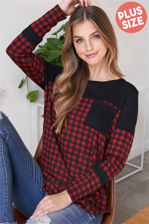 S11-17-2-PPT20860X-RDCBBK - PLUS SIZE THERMO FABRIC CONTRAST PLAID TOP- RED COMBO/BLACK 3-2-1