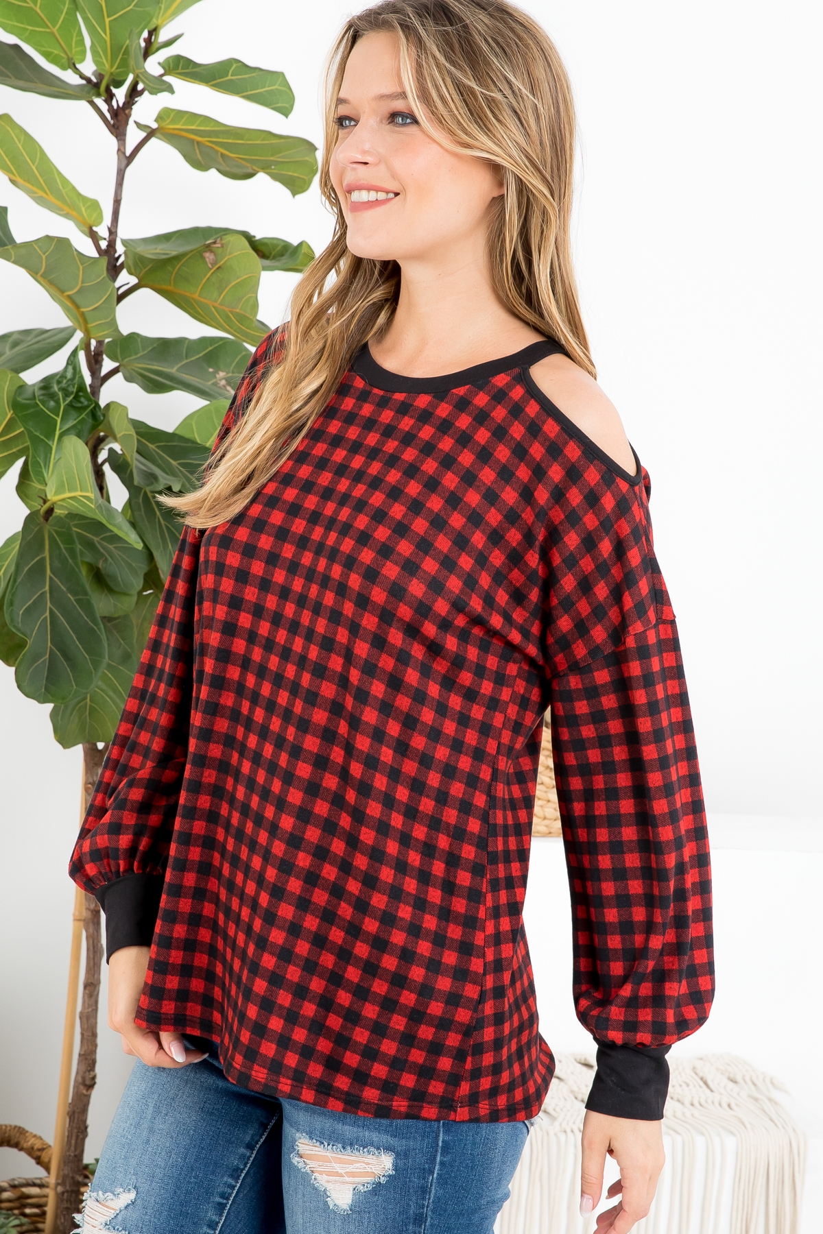 S9-8-2-PPT20864-RDCBBK - PLAID LONG SLEEVE COLD SHOULDER TOP- RED COMBO/BLACK 1-2-2-2